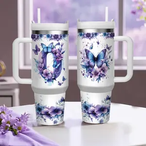 1pc 40 Oz Stainless Steel Insulated Mug With Lid And Straw Handle, Purple Series Floral Letters, Reusable, Suitable For Iced Coffee, Juice, Milk, The Best Drinkware For Holiday And Birthday Gifts, Cooling Bottle For Home And Work