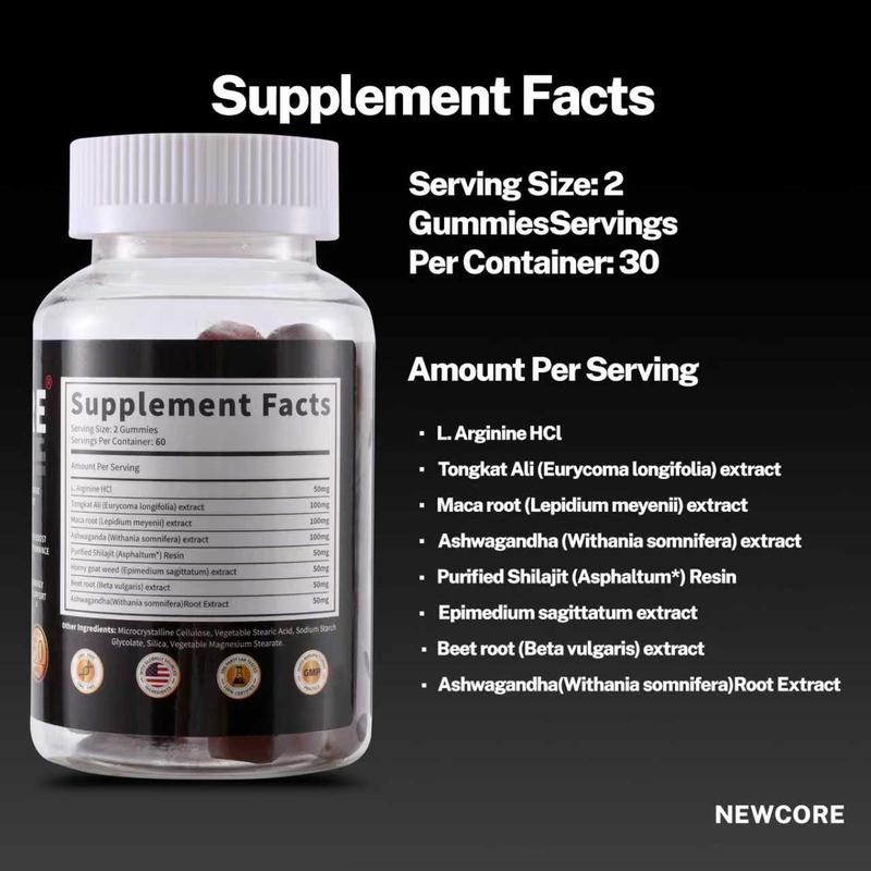 Newcore ｜ 7-in-1 Nitric Oxide Booster - Maca Root & L-Arginine & Ashwagandha & Horny Goat Weed & Shilajit & Tongkat Ali & Beet Root Gummy for Blood Flow, Energy & Stamina Support | 100% Natural