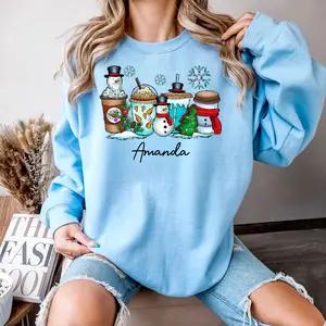 Custom Name Christmas Coffee Sweatshirt, Christmas Tree Cake Coffee Sweater, Peppermint Iced Latte Sweatshirts, Winter Christmas Snowman Latte Coffee Lover Sweater, women Holiday sweater, Family Xmas Shirt