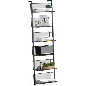 Industrial Wall-Mounted Ladder Shelf - 6-Tier Metal Bookshelf Organizer, .6 Inch Modern Floating Shelves for , Books & Home Decor, Black Industrial Storage Shelving