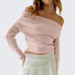 【Clearance Sale】VCPOD Women's Solid Color Off Shoulder Minimalist Sweater 2024 Casual Long Sleeve Loose Off Shoulder Knit Pullovers Jumper Tops lightweight cardigan short sleeve Knitwear Pink Womenswear Comfort Knitting Basic Fitted