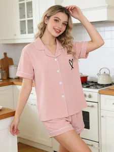 Women's pink Sleepwear Set, Casual Lapel Button Front Shirt and Pants, Comfortable Ladies' Pajamas, Cute Spring Clothes