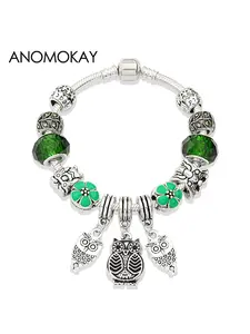 Classic Antique Silver Owl Charm Pendant Bracelet,Green Enamel Crystal Floral Leaf Casual Jewelry Gift, Alloy Beaded Hand Chain for All Seasons