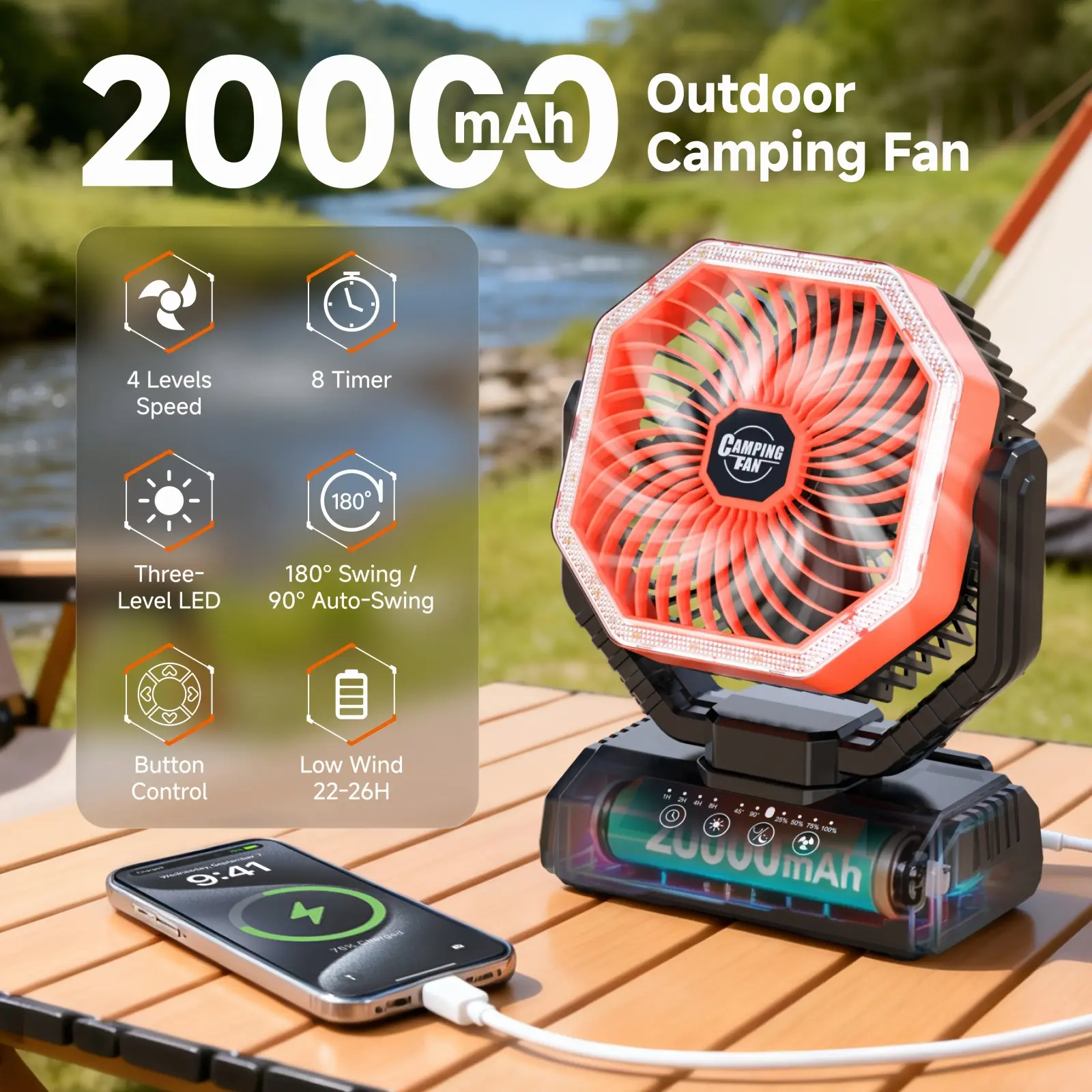 20000mAh Camping Fan with LED Light| 4-Speed Brushless Motor| 180° Oscillating Portable Outdoor Fan| 22-26 Hours Long Battery Life| Table Fan Suitable for Camping, Hiking, Picnics, Emergency Scenarios| Essential Portable Fan for 2026 Stadium