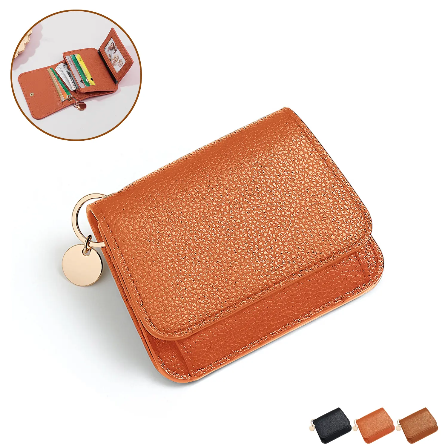 RFID Short Wallets for Women, Ring Holder Coin Purse Zipper Pouch Change Card Holder, Genuine Cow Leather Fashion with Key Ring Holders Clutch Slim Purse Keychain