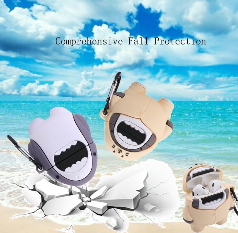 【2 Pack】 3D Cute Shark Case for Airpods 1st/2nd - High-Quality Soft Silicone Clip-on Keychain Protective Cover for Audio Headphones - Unique Purple & Beige Shark Design - Excellent Protection Against Accidental Drops