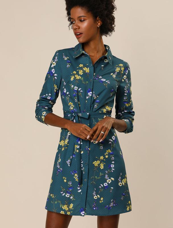 INSPIRE CHIC Women's Button Down Vintage Polka Dots Dresses Collar Tie Belted Floral Shirt Dress Teal Blue