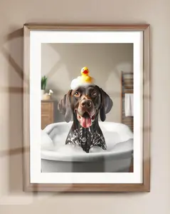 [UNFRAMED POSTER] German Shorthaired Pointer Bathroom Wall Art of GSP in Tub with Rubber Duck Bathroom Poster Print GSP Bath Funny Dog Bath GSP Decor Unframed