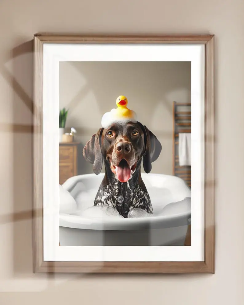 [UNFRAMED POSTER] German Shorthaired Pointer Bathroom Wall Art of GSP in Tub with Rubber Duck Bathroom Poster Print GSP Bath Funny Dog Bath GSP Decor Unframed