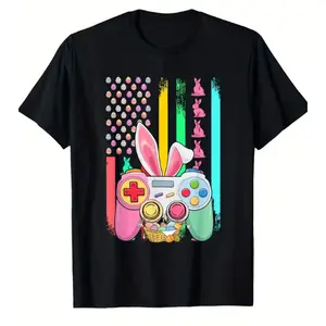 Video Game Controller Bunny Easter USA Flag Gamer Graphic Tee, Cute Comfort Outfit, Best Gift For Kids Boys Girls Family Friends
