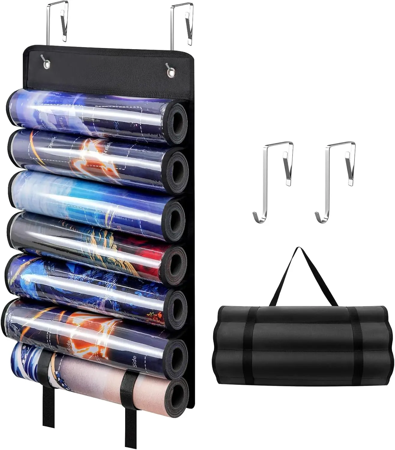 Playmat Holder with 2 Hooks & 6+1 Transparent Case for MTG TCG RPG Game Mats Portable Storage Bag for Home Game Room Organization