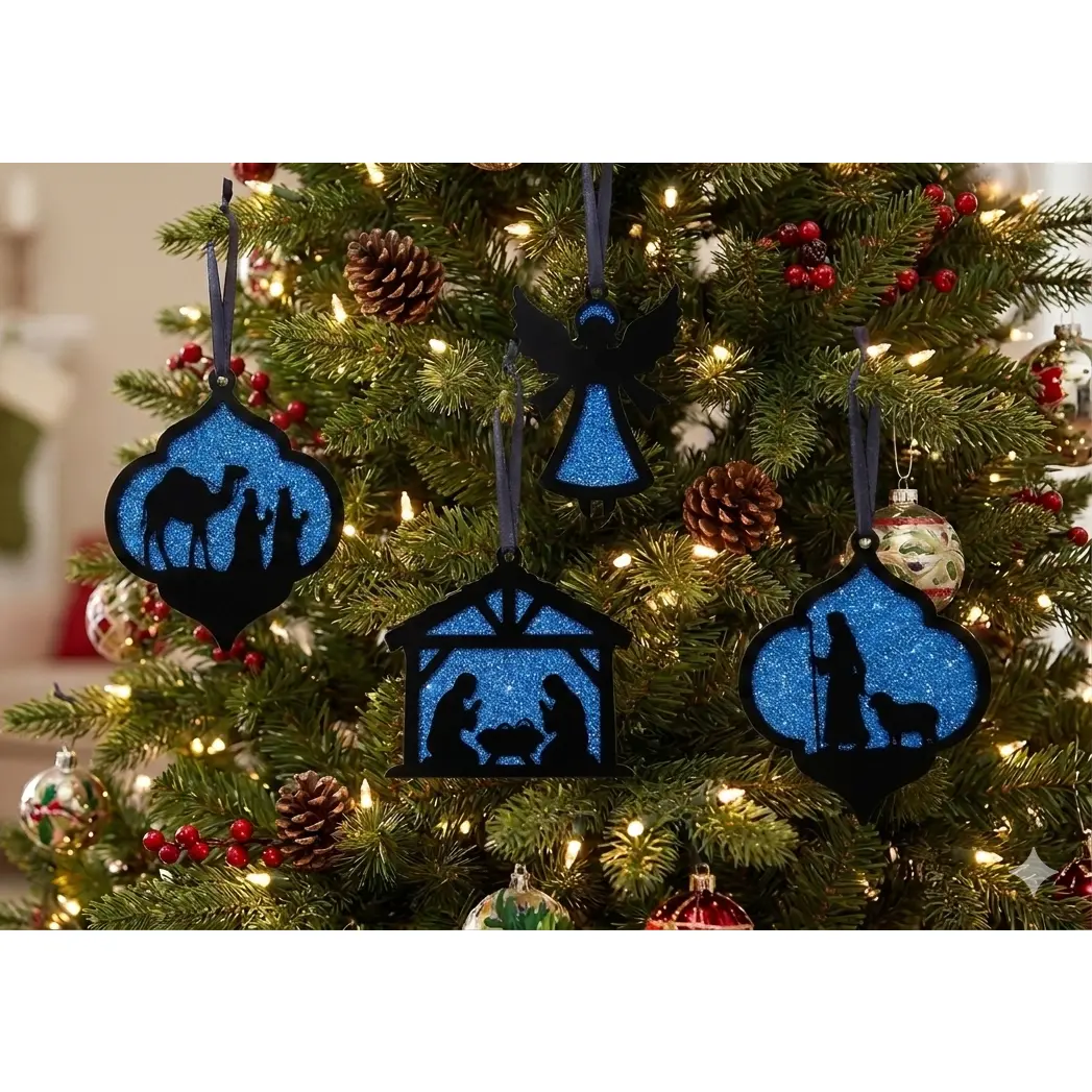Arabesque Nativity Silhouette Ornaments - Set of 4, Christmas Tree Decor, Festive Home Gift