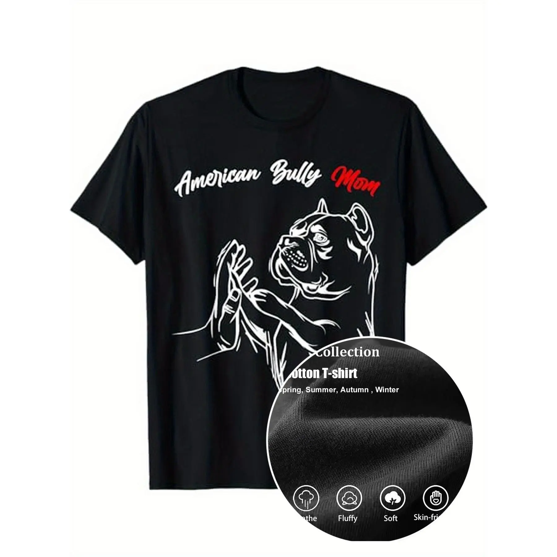 Women's 180g Black Cotton Loose-Fit Crew Neck Short-Sleeve Graphic Tee - American Bully Mom Top with Digital Print, Drape Detail, Ruffled Sleeves, Minimalist Basic for Spring & Summer Casual Wear, All Seasons, Dry Clean