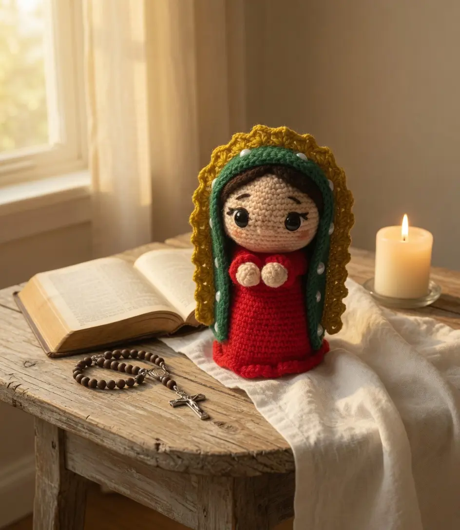 Handmade Virgin of Guadalupe Crochet Doll – Catholic Religious Decor, Amigurumi Christian Gift, Prayer Room Ornament, Blessed Handmade Keepsake