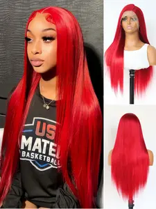 Bright Red Synthetic Lace Front Wigs Straight Natural Density Preplucked Hairline 13x4 HD Transparent Lace Wig Lace Frontal Wigs for Party Christmas Halloween 28 Inch Natural Looking Wigs