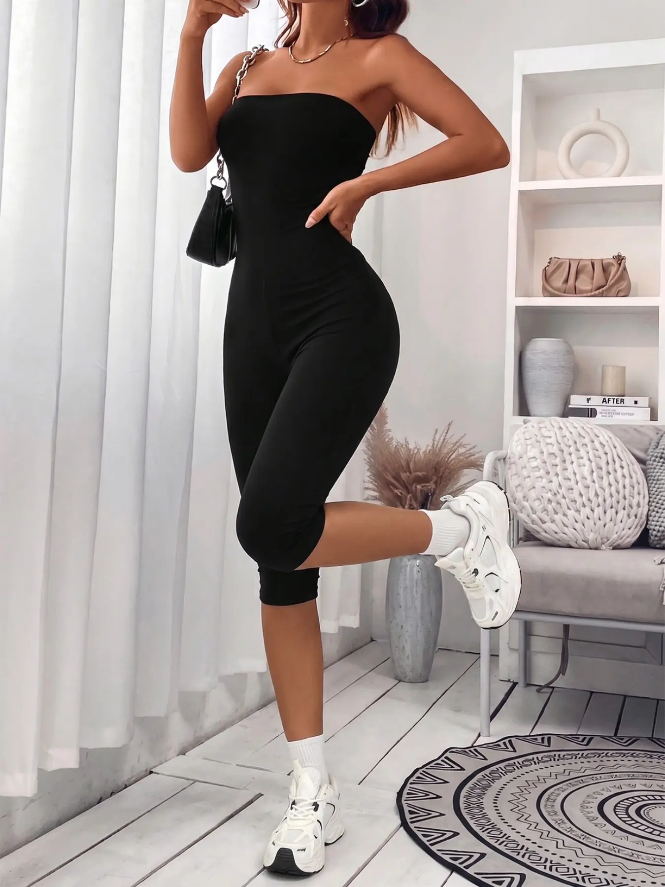 Women's Black Strapless Sleeveless Tube Top Capri Jumpsuit Slim Fit Bodycon Romper Casual Streetwear everyday 2026 Summer Daily Trendy Going Out Stylish Viral TikTok Fashion Essential