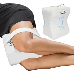 Cooling knee pillow for side sleepers — memory foam leg pillow with strap for hip pain, back pain, and sciatica relief; contoured hip pillow for side sleeping