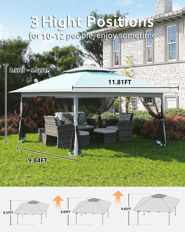 Pop Up Gazebo 12x12, Canopy Tent with Mosquito Netting, One Push Setup for Backyard Patio Garden with 4 Sand Bags- Blue