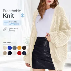 QUALFORT Women’s Plus Size Casual Oversized Basic Cotton Knit Cardigan, Lightweight Long-Sleeve Button-Down Lantern-Sleeve Knitwear Clothes for AC Indoor