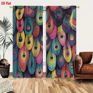 2D Flat Peacock Feather Pattern Curtain 2-Piece Set, Colorful Iridescent Ocellus Eye Design, Vibrant Pastel Saturated Hues Pink Blue Green, Decorative Dense Overlapping Feathers, Dark Background Highlighted, Whimsical Artistic Elegant for Living Ro