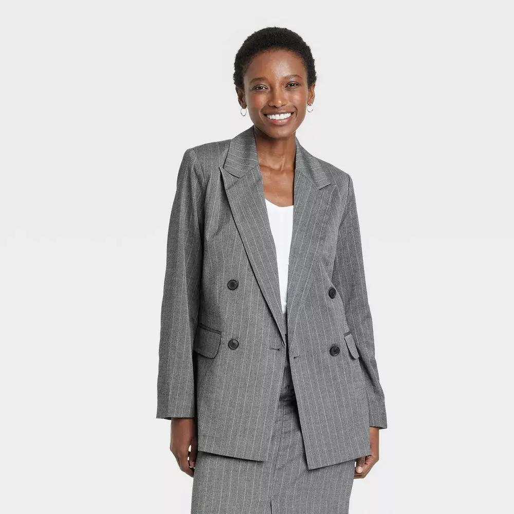 Women's Double Breasted Blazer - A New Day Gray Pinstripe S
