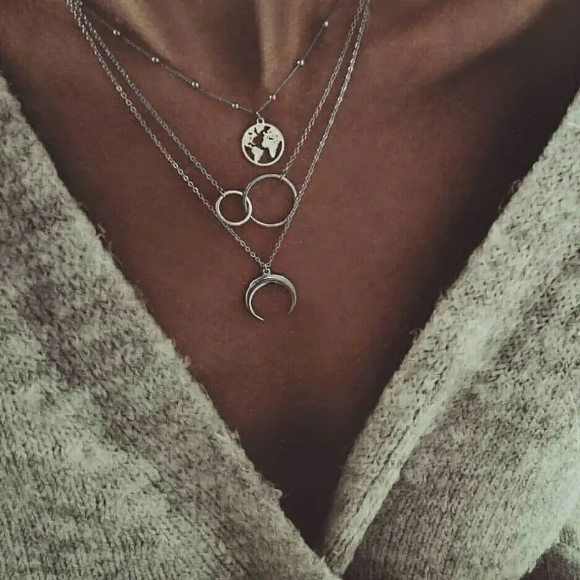 Fashionable multi-layer moon map necklace for women, personalized bohemian style multi-layer necklace for women