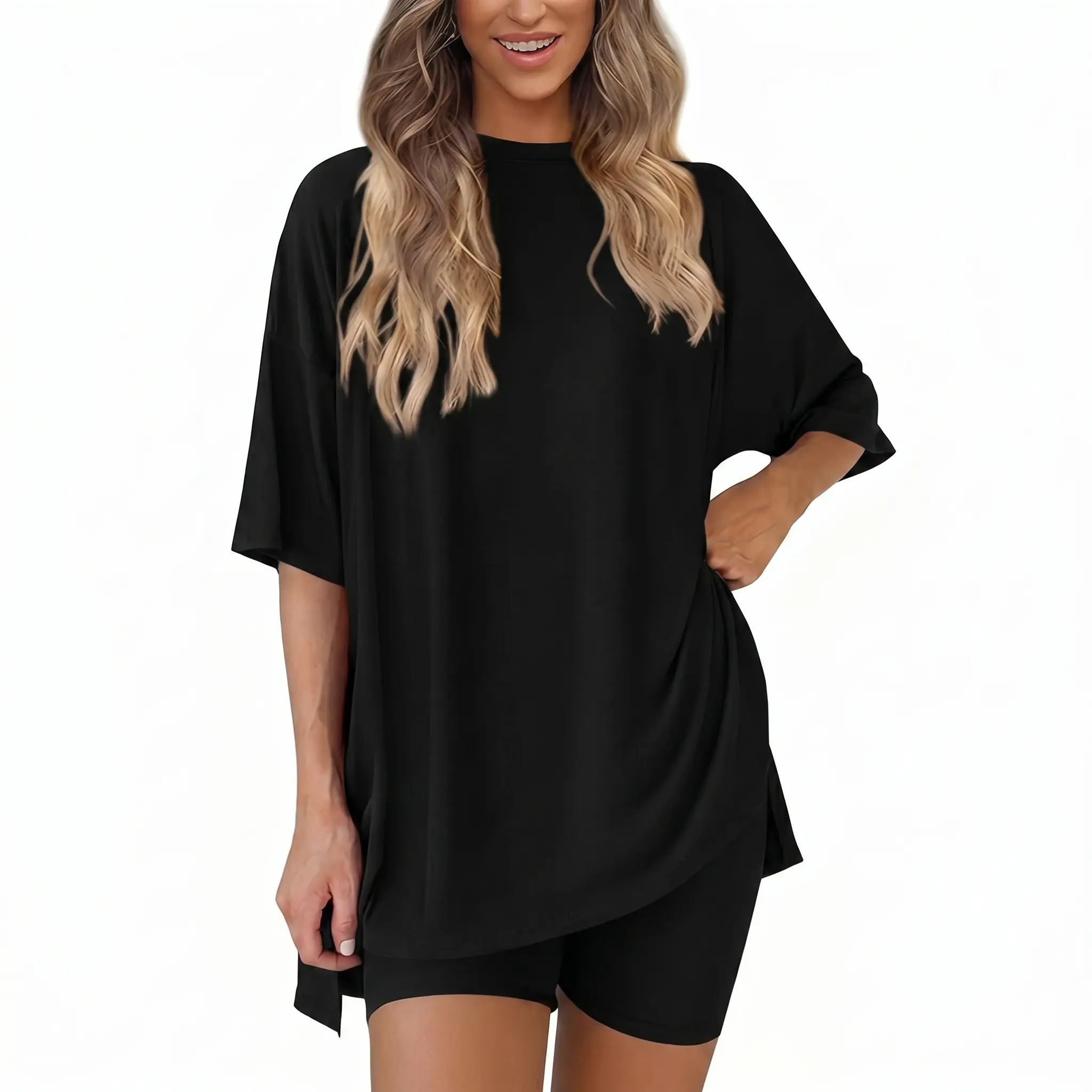 Women's 2 Piece Lounge Set Ribbed Knit Oversized Short Sleeve Top and Shorts Casual Pajama Sweatsuit Outfit