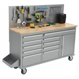 Garvee 61-inch Rolling Tool Chest, 10 Drawers Garage Workbench Storage Tool Cabinet with Power Strip, Solid Rubber Wood Top, 1675 LBS Load Mobile Workstation, Heavy Duty Rolling Cabinet