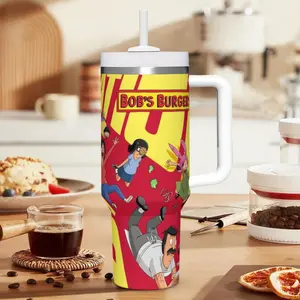1pc 40oz Leakproof Bob's Burgers Red Yellow Themed Stainless Steel Insulated Water Bottle with Handle & Straw, Hydration Tumbler, Portable Travel Tumbler for Cartoon Fans & Outdoor Camping, Perfect Gift for Women,Birthday,Holidays
