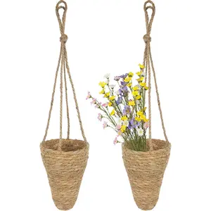 2 Pcs Basket for Wall Conical Wicker Basket with Hemp Rope Wall Planter for Home Flowers Planters Boho Front Door Porch Entryway (Flowers Not Included)