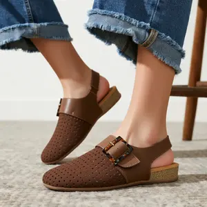 Women's Slingback Flat Sandals with Buckle Decor Hollow PU Leather Soft Cork Footbed Closed Round Toe Footwear Girl Comfortable Summer Casual Dress Walking Shoes for Daily Wear XQX