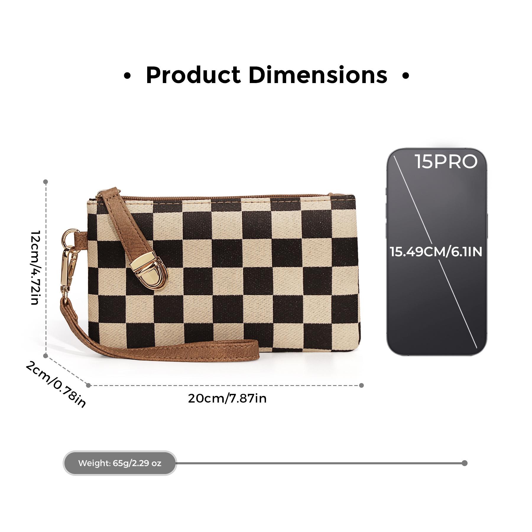 Women’s upgraded high-quality fabric; fashionable, portable long wallet with a checkered pattern; holds a phone; detachable wrist strap; premium gold zipper; gold accents; small everyday carry item.