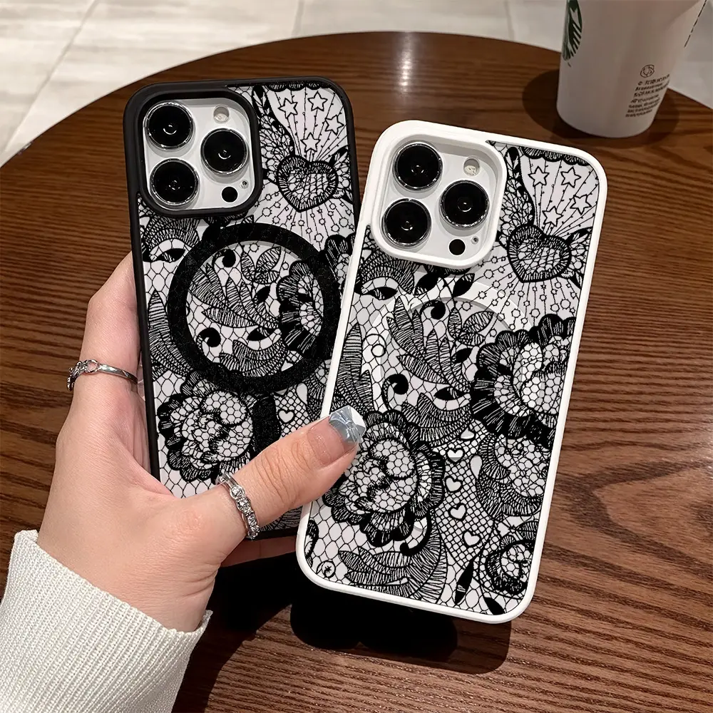 Premium Magnetic Phone Cases for iPhone11/12/13/14/15/16//17/Air/promax/Plus Black Lace Floral Texture y2k cased MagSafe Ready, Anti-Fall, Springtok and Ultra-Thin Design |   Perfect for Everyday Use Screen Protector Resistance
