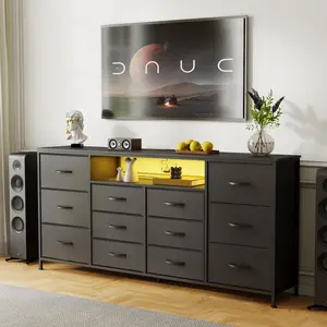 Wooden 12-Drawer Dresser & TV Stand Home Furniture – LED Lighting, Built-In Charging, 63" Wide, Modern Industrial Storage for Bedroom & Living Room