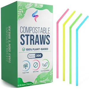 (TM) Compostable Straws Disposable 300 Pack |  -Based Plastic-free, Disposable and Biodegradable | Flexible Colorful Drinking Straws are  Alternative to Plastic
