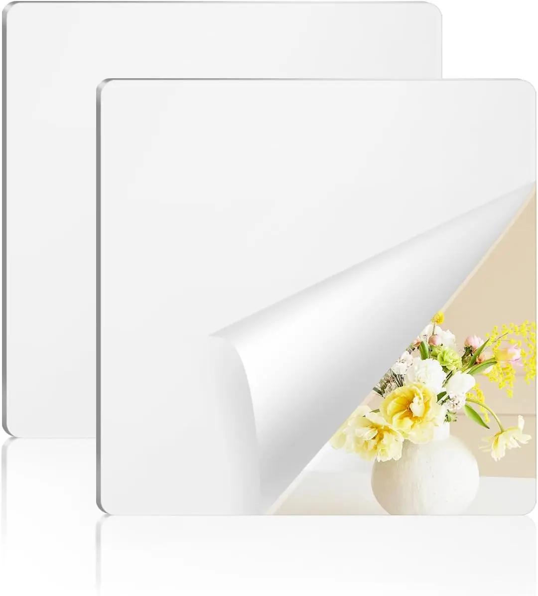 2 Pack Self Adhesive Acrylic Mirror, 2MM Flexible Plastic Mirror, Shatterproof PS Frameless Wall Mirror for Bathroom Vanity and Entryway (12 x 12 inch)