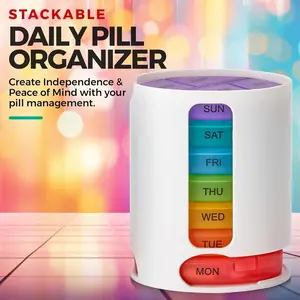 Weekly Pill Organizer, 1 Dispenser, 7 Stackable Multi-Color Compartments Four Times-a-Day - Morning, Noon, Evening, and Bedtime, White