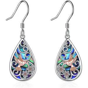925 Sterling Silver Hummingbird Earrings Women's Teardrop Abalone Pendant Earrings Hummingbird Jewelry