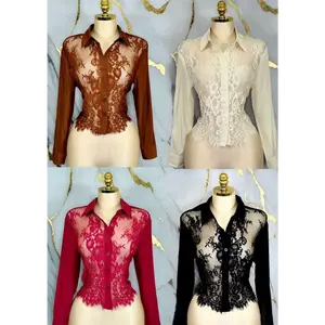 Cute Lace Shirt in Polyester - Available in Brown, Cream, Red, and Black Colors for Stylish Wear