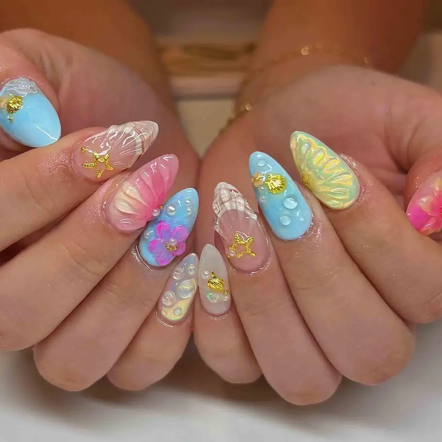 Handmade Summer Beach Press On Nails | 3D Starfish, Shell & Plumeria Nail Art | Iridescent Coral Blue Long Almond Nails for Coastal Vacation