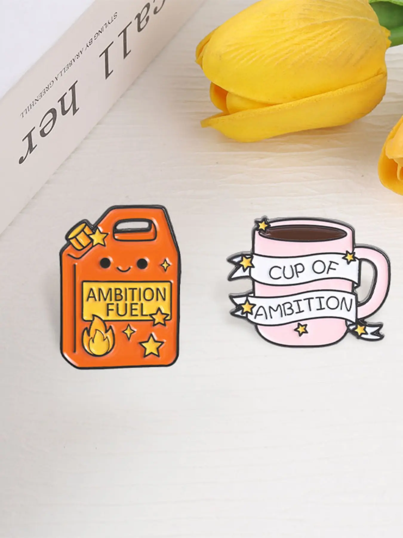 2 Piece  Ambition Fuel Cartoon Brooch Pin Set, Cute Motivational Style with Orange Oil Can Smiling Face and Pink Mug Star Ribbon Cup of Ambition Coffee, for Ambitious Workers Students Hustle Culture Backpack Jacket Decoration Gift