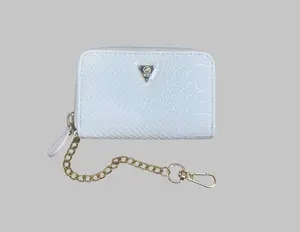 Mint White Leather Croc Embossed Zip Wallet Chain Clip Jeans Belt Loop Holder