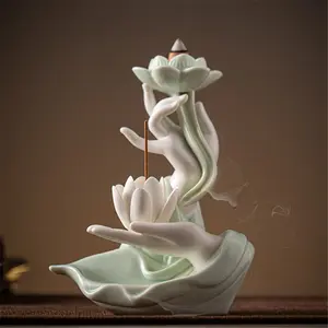 Handcrafted Lotus Backflow Incense Burner, Celadon Ceramic Buddha Hand Incense Holder, Waterfall Incense Diffuser for Meditation, Yoga, Home Decor & Spiritual Gift