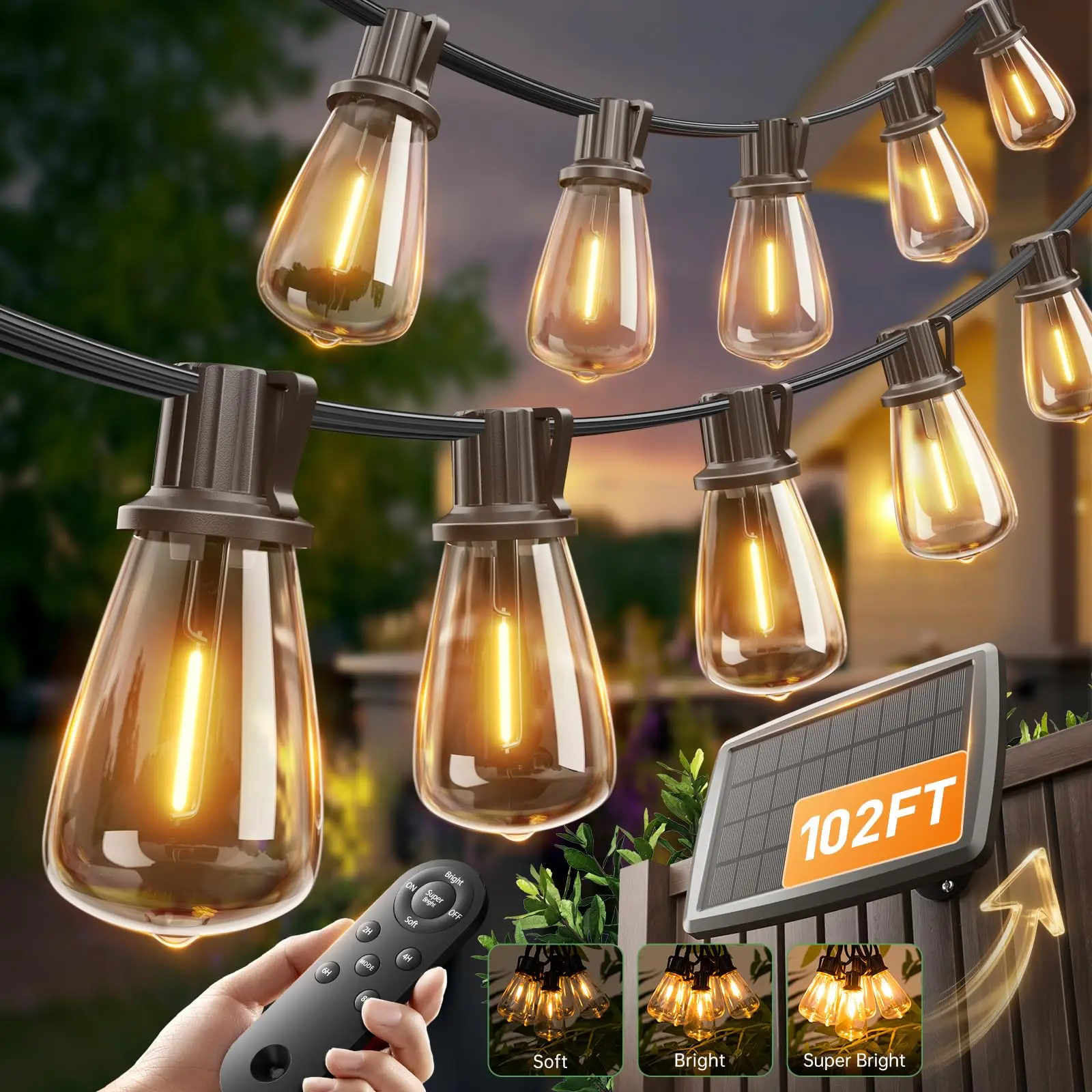 ISUNMEA 102FT(96+6) Solar String Lights Outdoor with Remote, Waterproof Patio Lights with 30 Shatterproof LED Bulbs, 30H+ Long-Lasting Dimmable & Timable Solar Light for Backyard Camping Garden Decor