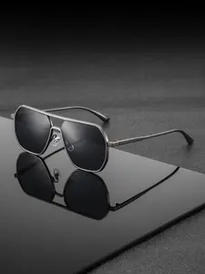 Men's Metal Geometric Flat Top Sunglasses, Fashionable Frog Style, Dual Bridge Design, Sleek Design, Decor, Durable Eyewear, Decorative Lenses
