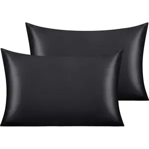 2 Pack Satin Standard Pillowcases for Hair and Skin, Luxurious and Silky Pillow Cases with Envelope Closure, 20x26 Inches, Black