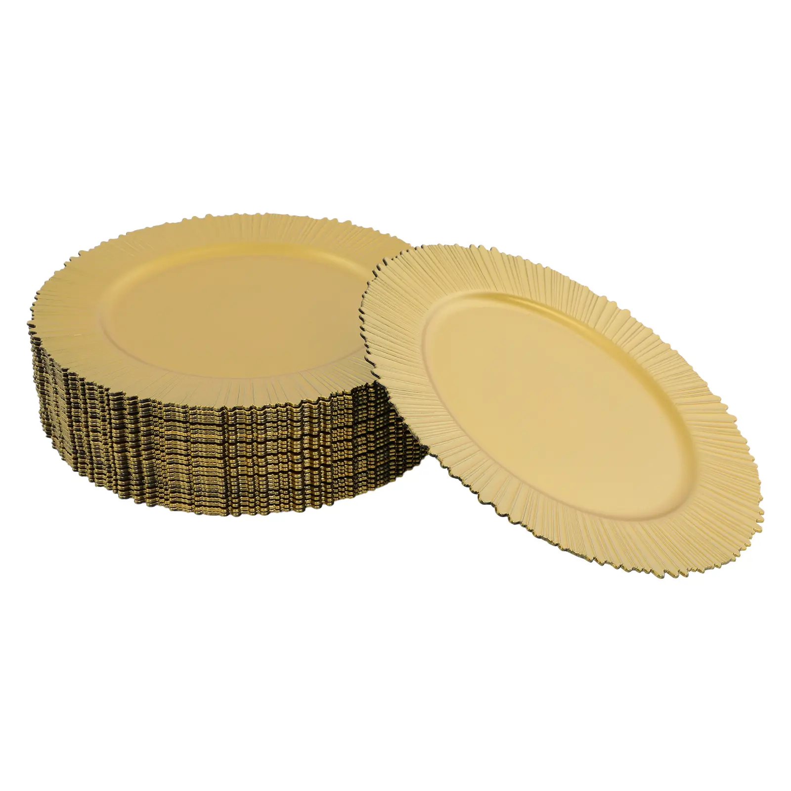 100Pcs Modern Gold 13in Round Serving Charger Plates - PP Polypropylene Spray Paint Craft, Shock-Resistant, Scratch-Proof, Disposable & Reusable Chic Luxury Plates for Banquet, Restaurant Home Table Use, Chic Plates