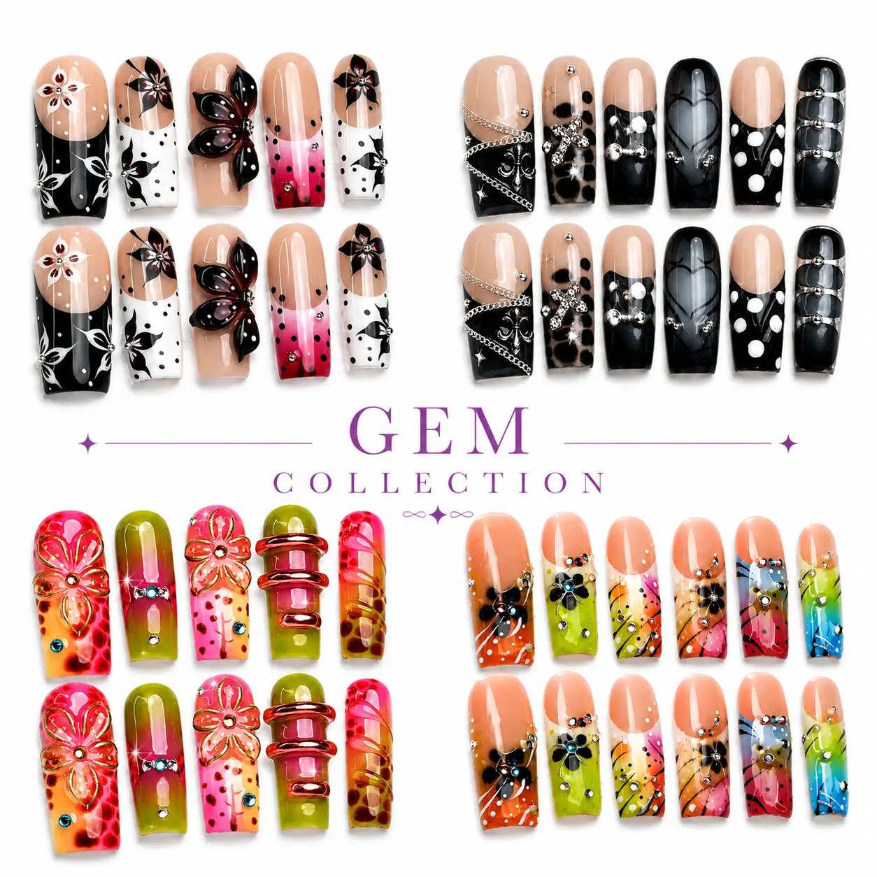NAILCOUTURE Luxury Handmade 3D Nail Art Reusable Press On Nails | Long & Medium Almond Stiletto Square Coffin Oval Nails | Acrylic Gel Press On Nails | Summer Floral Butterfly Shell Collection | Glossy Salon Quality