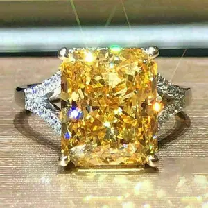 Q529 Women's White Gold Emerald Cut Fancy Yellow Diamond Ring With Diamond Side Stones Engagement Jewelry