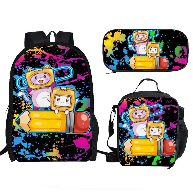 3 In 1 Lankybox Boxy Foxy Rainbow Paint Splatter Backpack Set, Kids Cute Cartoon Oxford Backpack Lunch Bag Pencil Case Kit